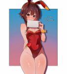  1girl absurdres adapted_costume animal_ear_hairband animal_ears arms_behind_back artist_name averting_eyes bare_legs bare_shoulders blank_sign blue_background blush border breasts bright_pupils brown_hair closed_mouth commentary covered_navel cowboy_shot curled_fingers embarrassed english_commentary fake_animal_ears floppy_ears gradient_background groin hair_between_eyes hair_over_shoulder hairband hand_up heart highleg highleg_leotard highres holding holding_sign kono_subarashii_sekai_ni_shukufuku_wo! leotard light_smile looking_down loose_hair_strand megumin nervous_smile nose_blush outside_border pink_background playboy_bunny rabbit_ear_hairband rabbit_ears raised_eyebrows red_eyes red_hairband red_leotard sato_hagamaki shiny_skin short_hair short_hair_with_long_locks sidelocks sign slit_pupils small_breasts smile solo standing strapless strapless_leotard thigh_focus white_border white_pupils wide_hips wrist_cuffs yellow_trim 