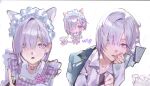  1boy :o alternate_costume animal_ears apron bell black_shirt blue_jacket bob_cut cat_boy cat_ears cat_tail chibi chibi_inset choker commentary crossdressing crossdressing_(mtf) curled_fingers dress_shirt full_body hair_behind_ear hair_over_one_eye hand_on_own_face head_tilt highres jacket jacket_on_shoulders lapels layered_shirt long_sleeves looking_at_viewer looking_to_the_side lower_teeth_only maid maid_headdress male_focus male_maid multiple_views neck_bell nijisanji one_eye_covered open_clothes open_mouth open_shirt pink_choker plaid_apron plaid_clothes purple_apron purple_eyes purple_hair screenshot shirose_isumi shirt short_hair sideways_glance simple_background sleeves_past_wrists straight_hair tail teeth trap ttj_1023 unfinished untranslatable_commentary upper_body virtual_youtuber white_background white_shirt 
