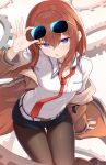  1girl absurdres belt black_pantyhose black_shorts blue_eyes blush breasts brown_jacket collared_shirt commentary_request eyewear_on_head gears ginga_no_kou hair_between_eyes highres jacket lab_coat leather_belt long_hair long_sleeves looking_at_viewer makise_kurisu necktie open_mouth pantyhose pantyhose_under_shorts red_hair red_necktie science_adventure shirt shorts solo steins;gate sunglasses thigh_gap white_belt white_shirt 