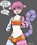 anthro bulge domestic_cat english_text felid feline felis femboy fishoncrack hi_res hooters hooters_uniform long_tail male mammal solo speech_bubble stripes tail text