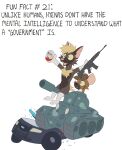 absurd_res ambiguous_gender anthro ar-15 assault_rifle car chest_tuft cute_fangs driving duo english_text fangs gun hi_res holding_assault_rifle holding_gun holding_object holding_ranged_weapon holding_rifle holding_weapon humor hyena kinder mammal mangoyena police police_car police_vehicle ranged_weapon rifle smile tank_(vehicle) teeth text tuft vehicle weapon