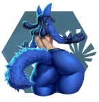 alpha_channel anthro back_muscles big_butt blue_body blue_eyes blue_fur bodbloat butt canid canine fur generation_4_pokemon hi_res huge_butt looking_back lucario male mammal muscular muscular_anthro muscular_male nintendo pokemon pokemon_(species) rear_view simple_background smile solo tail tan_body tan_fur wide_hips