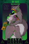 anthro bikini clothing delta.b_the_protogen female footprint fur glowing_symbol gun hand_on_hip hazard_symbol hi_res holding_gun holding_object holding_ranged_weapon holding_rifle holding_weapon looking_at_viewer machine multicolored_body multicolored_fur pawprint protogen protogen_armor protogen_visor radiation_symbol ranged_weapon rifle shoulder_armor smile solo swimwear symbol tail two-piece_swimsuit weapon zhadart