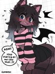 2026 accessory ahoge anthro bat_wings biped black_bottomwear black_bow black_choker black_clothing black_hair black_hair_bow black_jewelry black_miniskirt black_necklace black_skirt black_sweater black_topwear blush blush_lines bodily_fluids bottomwear bottomwear_pull bow_ribbon breasts brown_body brown_fur cheek_tuft choker clothed clothed_anthro clothed_female clothing clothing_pull countershade_face countershade_fur countershade_neck countershade_torso countershading covering covering_self cropped_sweater dialogue digital_media_(artwork) domestic_cat ear_piercing ear_ring ear_stud emanata embarrassed english_text eye_through_hair eyebrow_through_hair eyebrows eyelashes eyelashes_through_hair facial_tuft fangs felid feline felis female female_anthro fingers fishnet_clothing fishnet_legwear fishnet_thigh_highs fishnet_topwear flash_emanata flying_sweatdrops fully_clothed fully_clothed_anthro fully_clothed_female fur fur_tuft grey_highlights hair hair_accessory hair_bow hair_ribbon hands_together heart_(marking) heart_pendant hi_res highlights_(coloring) holding_bottomwear holding_clothing holding_object holding_skirt inner_ear_fluff jayrnski jewelry leaning leaning_forward legwear long_hair looking_at_viewer mammal markings membrane_(anatomy) membranous_wings midriff miniskirt motion_lines navel necklace open_mouth pattern_clothing pattern_sweater pattern_topwear piercing pink_clothing pink_inner_ear pink_inner_ear_fluff pink_sweater pink_topwear pleated_skirt pointy_ears portrait ribbons ring_piercing shy signature simple_background skirt skirt_pull small_breasts solo speech_bubble striped_clothing striped_sweater striped_topwear stripes sweat sweatdrop sweater tail teeth text thigh_highs three-quarter_portrait topwear translucent translucent_hair triangle_nose tuft white_background white_sclera wings