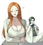  1boy 1girl absurdres arm_under_breasts black_hair bleach blush breasts cleavage closed_eyes collarbone collared_shirt crossed_legs cup drinking eubneung10571 facial_mark flying_sweatdrops green_eyes grey_shirt hair_slicked_back highres holding holding_cup holding_saucer huge_breasts inoue_orihime jacket laughing long_hair orange_hair pants parted_bangs ribbed_shirt saucer shirt short_hair sitting suit_jacket teacup ulquiorra_cifer upper_body white_background white_jacket white_pants white_shirt 