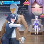 1boy 2girls absurdres animal_ears black_pants black_vest blush bow brown_jacket brown_shoes chair cuck_chair_(meme) english_text gameplay_mechanics half-closed_eyes heart highres horse_ears horse_girl horse_tail hug jacket kiryuin_aoi long_sleeves manjo_(warito) mejiro_mcqueen_(umamusume) meme mood_(umamusume) multiple_girls netorare netorase on_chair pants pleated_skirt purple_eyes purple_hair purple_sailor_collar purple_shirt purple_skirt sailor_collar school_uniform shirt shoes sitting skirt tail tracen_school_uniform trainer_(umamusume) umamusume vest white_bow white_shirt winter_uniform 