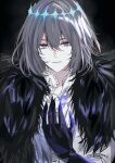  1boy black_background black_hands blue_eyes colored_extremities commentary crown diamond_hairband expressionless eyelashes fate/grand_order fate_(series) fur_trim grey_hair hair_between_eyes highres hoooooon1099 insect_wings long_sleeves looking_at_viewer male_focus oberon_(fate) oberon_(third_ascension)_(fate) pale_skin shirt short_hair solo upper_body white_shirt wings 