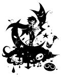 1boy beamed_eighth_notes blending book cape clock closed_mouth commentary creature crescent eighth_note floating floating_object ghost glasses hat klug_(puyopuyo) leaf looking_at_viewer male_focus musical_note on_crescent open_book orange_lore pants puyo_(puyopuyo) puyopuyo puyopuyo_20th_anniversary quarter_note shirt shoes short_hair sleeveless sleeveless_jacket smile standing star_(symbol) strange_klug v-shaped_eyes 