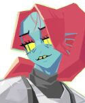 5:6 animal_humanoid anthro aquatic armor blue_body blue_skin buckteeth bust_portrait digital_drawing_(artwork) digital_media_(artwork) ear_fins eyelashes eyeshadow female fin fish green_eyes hair hi_res humanoid long_hair looking_aside looking_down makeup narrowed_eyes open_mouth portrait pupils ratpower red_hair simple_background slit_pupils solo teeth undertale_(series) undyne yellow_sclera