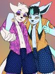 3:4 anglo_(anglo) anthro anthrofied arm_over_shoulder bottomwear clothed clothing colored_sketch dark_hair duo eeveelution epilepsy_warning floral_print generation_4_pokemon generation_5_pokemon gesture glaceon hand_gesture head_tuft hi_res jace_(tamashii) male mienshao nintendo open_clothing open_mouth open_shirt open_topwear pearl123_art pointing pointing_at_viewer pokemon pokemon_(species) pokemorph purple_clothing purple_shirt purple_topwear rolled_up_sleeves shirt shorts simple_background sketch smile tail topwear tuft yellow_clothing yellow_shirt yellow_topwear