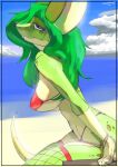 anthro beach breasts clothing codlam digital_drawing_(artwork) digital_media_(artwork) female fur green_body hair hi_res looking_at_viewer mammal murid murine outside rat reevie_(reevierat) rodent sand seaside signature smile solo swimwear tail topwear water