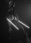 2026 3d_(artwork) absurd_res ahsoka_tano alien alien_humanoid areola back_groove blue_eyes breasts butt digital_media_(artwork) dual_wielding eyelashes facial_markings feet female head_markings hi_res holding_object holding_weapon huge_filesize humanoid kocean_3d lekku_(anatomy) lightsaber markings melee_weapon nipples not_furry nude side_boob solo spot_color star_wars togruta weapon