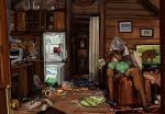 anthro appliance background_sex breasts cabin clothing deer detailed_background female feral feral_on_feral fridge furniture green_clothing green_shirt green_topwear hi_res kitchen_appliance male male/female mammal messy_room nature_documentary open_fridge sex shirt side-eye sofa solo topwear wardrobe zarzaliel