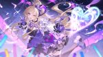  1girl absurdres arknights arknights:_endfield black_horns black_thighhighs blonde_hair breasts chinese_commentary commentary_request curled_horns demon_girl demon_horns demon_tail dress gloves hairband highres horns kongzao liino_(arknights) long_hair long_sleeves looking_at_viewer medium_breasts multicolored_horns one_eye_closed open_mouth partially_fingerless_gloves pointy_ears purple_dress purple_eyes purple_gloves purple_hairband purple_horns purple_tail shrug_(clothing) solo star-shaped_pupils star_(symbol) symbol-shaped_pupils tail teeth thighhighs two-tone_horns upper_teeth_only white_shrug 