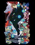  1boy 8er8er1s artist_name beard_stubble bishop_(chess) black_background black_coat black_gloves black_pants black_shoes blood blue_eyes blue_shirt bottle brown_hair card chess_piece chessboard coat commission copyright_name facial_hair fur-trimmed_coat fur_trim gloves gun handgun highres holding holding_gun holding_weapon id_card king_(chess) knight_(chess) leon_s._kennedy male_focus pants parted_bangs pawn_(chess) playing_card police_badge queen_(chess) requiem_(gun) resident_evil resident_evil_requiem rook_(chess) shirt shoes short_hair solo stubble typewriter umbrella_corporation_logo weapon 