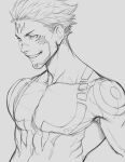  1boy chest_tattoo collarbone evil_grin evil_smile extra_eyes facial_tattoo forehead_tattoo grin hair_slicked_back highres jujutsu_kaisen lineart making-of_available male_focus monochrome ryoumen_sukuna_(jujutsu_kaisen) short_hair sketch smile stanley_lau tattoo toned toned_male topless_male upper_body 
