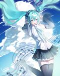  1girl :d bare_shoulders black_skirt black_sleeves black_thighhighs blue_eyes blue_hair blue_necktie blue_sky blush chinese_commentary cloud commentary_request cowboy_shot crossed_bangs day detached_sleeves double-parted_bangs floating_hair hair_between_eyes hair_floating_upwards hand_on_headphones hatsune_miku hatsune_miku_(nt) headphones high_heels highres long_hair long_sleeves looking_at_viewer miniskirt musical_note musical_staff necktie open_mouth outdoors piapro_studio pleated_skirt see-through_clothes see-through_sleeves shirt shoes skirt sky sleeveless sleeveless_shirt smile solo thighhighs twintails very_long_hair vocaloid white_shirt wide_sleeves wing_(39_miku831) zettai_ryouiki 