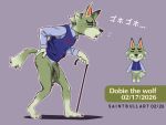 4:3 animal_crossing anthro balls bottomless canid canine canis clothed clothing dobie_(animal_crossing) elderly flaccid genitals grey_body hi_res male mammal mature_male mexican_wolf nintendo penis saggy_balls saintbullart solo walking_stick wolf