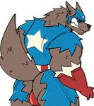 2026 anthro black_sclera blue_bodysuit blue_clothing blue_mask blue_skinsuit bodysuit bulge bulge_from_behind butt canid canine captain_america capwolf clothed clothing digital_media_(artwork) exposed_butt fangs fur grey_body grey_fur hi_res janjauwu looking_back male mammal marvel multicolored_bodysuit multicolored_clothing multicolored_skinsuit muscular muscular_anthro muscular_male mythological_canine mythological_creature mythology red_bodysuit red_clothing red_eyes red_skinsuit red_underwear simple_background skinsuit solo tail teeth tight_clothing torn_bodysuit torn_clothing torn_skinsuit underwear uniform werecanid werecanine werecreature werewolf white_background white_bodysuit white_clothing white_skinsuit