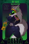 anthro breasts delta.b_the_protogen female footprint fur glowing glowing_markings gun hand_on_hip hazard_symbol hi_res holding_gun holding_object holding_ranged_weapon holding_rifle holding_weapon latex looking_at_viewer machine markings multicolored_body multicolored_fur pawprint protogen protogen_armor protogen_visor radiation_symbol ranged_weapon rifle shoulder_armor simple_background smile solo symbol tail weapon zhadart