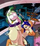 absurd_res anthro big_penis blue_eyes blue_hair blush blush_lines bodily_fluids body_in_urethra city city_background cock_vore collar collar_only controller dialogue dragon duo feet_first floppy_ears foreskin fur furniture furred_dragon furred_scalie game_controller genital_fluids genitals glans green_body green_fur hair hi_res howzit_toyah huge_penis humanoid_genitalia humanoid_penis hyper hyper_genitalia hyper_penis inside lagomorph leporid male mammal mythological_creature mythological_scalie mythology nude on_sofa onomatopoeia orange_body orange_fur partially_inside penile penis precum purple_glans rabbit scalie scared sofa sound_effects sweat sweatdrop taluthus tan_penis text threatening urethral_bulge vore white_body white_fur