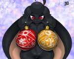 ahoge anthro big_breasts black_body black_fur black_hair black_nose breasts bunny_hunter_(do!_games) christmas do!_games female floppy_ears front_view fur hair holidays huge_breasts huge_ears inverted_nipples lagomorph leporid looking_at_viewer lop_ears mammal nipple_outline nipples nude paint_on_breasts rabbit red_eyes smile solo thick_thighs wide_hips yin_(bunny_hunter)