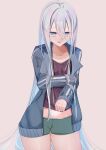  1girl blue_eyes blue_jacket blush commentary_request cvrelease green_shorts hair_between_eyes highres jacket long_hair long_hair_between_eyes long_sleeves looking_at_viewer midriff open_clothes open_jacket open_mouth project_sekai purple_shirt shirt shorts solo sweat thighs track_jacket unzipped very_long_hair white_hair yoisaki_kanade 