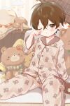  00tuma00 1boy animal_print bear_print brown_eyes brown_hair brown_pajamas bulge child commentary_request expressionless looking_at_viewer male_focus nipples one_eye_closed original pajamas short_hair sitting sleepy solo stuffed_animal stuffed_toy teddy_bear very_short_hair wariza 