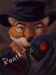 3:4 animal_mask anthro beak_mask clothing digital_media_(artwork) digital_painting_(artwork) dimonis fur hat headgear headwear hi_res male mask open_mouth orange_body orange_eyes orange_fur painting_(artwork) plague_doctor signature simple_background smile solo watermark white_body white_fur