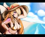 2_tails absurd_res beach big_breasts black_bars bow_ribbon breasts clothing eyeshadow female golden_week hair hair_over_eye hat headgear headwear hi_res letterbox makeup maple_(maple_chicken) multi_tail not_furry pigtails pinacatte straw_hat tail tattoo
