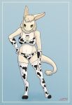 absurd_res animal_print animal_print_thigh_highs anthro armwear between_breasts beverage_between_breasts big_breasts blonde_hair bottle bra breasts brick_(artist) clothing container cow_print cow_print_bra cow_print_elbow_gloves cow_print_lingerie cow_print_panties cow_print_thigh_highs elbow_gloves female gloves green_eyes hair handwear hi_res laila_(frogman) legwear looking_at_viewer milk milk_bottle milk_container neck_tuft panties pattern_clothing pattern_legwear pattern_thigh_highs solo tail tail_tuft the_nature_of_predators thigh_highs tuft underwear venlil_(the_nature_of_predators) wool_hair