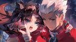  1boy 1girl absurdres archer_(fate) black_hair blue_eyes brown_eyes close-up closed_mouth commentary english_commentary fangwan fate/stay_night fate_(series) gem highres jewelry long_hair necklace open_mouth red_gem teeth tohsaka_rin upper_teeth_only white_hair 