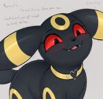ambiguous_gender aroused black_body black_eyes blush bodily_fluids choker cute_fangs dialogue eeveelution english_text explicit_text explicitly_stated_consent eyebrows eyelashes fangs fellatio_request female_(lore) feral feral_temptation generation_2_pokemon heart_cutout hi_res interspecies inviting_to_sex jewelry multicolored_body necklace nervous nintendo offering_sex open_mouth open_smile oral_request pokemon pokemon_(species) pokephilia quadruped raynstegn red_sclera requesting sex_request shaking simple_background sitting smile solo sweat tail talking_feral teeth text tongue umbreon white_background wide_eyed yellow_body yellow_choker yellow_jewelry yellow_necklace