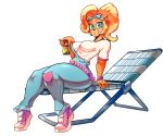 2026 5_fingers 6:5 absurd_res accessory activision alpha_channel anthro bandicoot beach_chair belt beverage big_breasts black_nose blonde_hair breasts clothed clothing coco_bandicoot crash_bandicoot_(series) ear_piercing eyebrows eyelashes eyewear eyewear_on_head female fingers footwear frown fully_clothed goggles goggles_on_head green_eyes hair hair_accessory hair_tie hi_res holding_beverage holding_object long_hair looking_at_viewer mammal marsupial overalls piercing ponytail randomgloves shirt shoes simple_background sitting sneakers solo t-shirt thick_thighs topwear transparent_background white_clothing white_shirt white_t-shirt white_topwear wristband