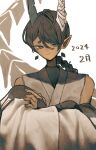  1boy 2024 bandaged_horn braid braided_ponytail bridal_gauntlets closed_mouth commentary_request crossed_arms dark-skinned_male dark_skin detached_sleeves earrings floating_earrings hair_between_eyes highres horns ice_god_(jimini_shijimi) japanese_clothes jewelry jimini_shijimi long_hair looking_at_viewer original pointy_ears shirt short_eyebrows simple_background sleeveless smile solo tail upper_body white_background 