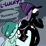 anthro anus black_body black_skin blush butt circle_eyes duo female female/female gastropod genitals green_body green_hair green_skin grope hair hi_res lucky_daze male mollusk no_thoughts nude open_mouth purple_hair shadow_face shell_hat snail spiral_stream_derby spiral_tapp spread_butt spreading surprised thefablednekos vulva