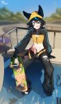 animal_ears animal_humanoid biped black_clothing black_ears black_hair blep blue_clothing blue_hair bulge clothed clothed_humanoid clothed_male clothing erection femboy genitals hair hi_res humanoid humanoid_genitalia humanoid_penis lagomorph lagomorph_humanoid leporid_humanoid male male_humanoid mammal mammal_humanoid matemi multicolored_hair penis rabbit_humanoid skateboard solo tongue tongue_out torn_clothing vehicle yellow_clothing