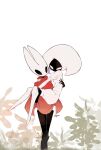  17hornet77987 2girls arm_around_neck arthropod_girl black_eyes black_skin blank_eyes bodysuit carrying cloak colored_skin feet_out_of_frame hat highres hollow_eyes hollow_knight hollow_knight:_silksong horned_mask hornet_(hollow_knight) lace_(hollow_knight) leaf looking_at_another mask multiple_girls plant princess_carry puffy_sleeves red_cloak walking white_background white_bodysuit white_eyes white_hat white_mask 