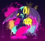 anthro bat bear black_sclera blurred_background bow_tie colored covered_in_paint digital_drawing_(artwork) digital_media_(artwork) dripping fangs featureless_crotch gambit_(gearwurk) gearwurk giant_panda glowing glowing_body glowing_eyes hi_res male mammal paint partially_submerged pose pupils slit_pupils smile smiling_at_viewer solo teeth