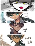  1boy 2021 2022 2023 2024 aqua_eyes artist_progress braid braided_ponytail closed_mouth dark-skinned_male dark_skin dot_nose earrings floating_earrings glowing glowing_eyes hair_between_eyes head_tilt highres ice_god_(jimini_shijimi) jewelry jimini_shijimi long_hair looking_at_viewer multiple_views open_mouth original pointy_ears portrait redrawn sharp_teeth smile tail teeth yellow_eyes 