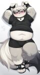2026 4_toes 5_fingers :< absurd_res anthro belly belly_tuft big_belly big_tail biped black_body black_bottomwear black_clothing black_ears black_fur black_hair black_highlights black_nose black_pawpads black_shirt black_shorts black_tail black_tail_tip black_topwear blush blush_lines bottomwear bulge canid canine choker claws clothed clothing colored countershade_face countershade_fur countershade_torso countershading digital_media_(artwork) dipstick_tail ear_piercing ear_ring exposed_belly facial_scar feet finger_claws fingerless_gloves fingerpads fingers fluffy fluffy_tail footwear front_view full-length_portrait fully_clothed fur glistening glistening_belly glistening_body glistening_eyes glistening_fur gloves gloves_(marking) grey_body grey_ears grey_fur grey_tail hair handwear hi_res highlights_(coloring) inner_ear_fluff jewelry kemono leg_markings lio29227541 looking_at_viewer lying male male_anthro mammal markings multicolored_body multicolored_ears multicolored_fur multicolored_hair multicolored_tail navel necklace nose_scar on_back overweight overweight_anthro overweight_male pawpads pendant piercing pink_eyes portrait pupils raised_arms ring_piercing sandals scar shaded shirt shoes short_hair shorts signature simple_background socks_(marking) solo tail tail_markings thick_tail thick_thighs toe_claws toes topwear tuft two_tone_hair white_background white_body white_claws white_countershading white_ears white_fur white_hair white_inner_ear white_inner_ear_fluff