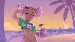 16:9 absurd_res anthro beach beverage breasts clothed clothing clothing_lift eyewear eyewear_on_head female grand_theft_auto grand_theft_auto_vi gta_vi_cover_girl hi_res mammal meme milachu milachu92 mouse murid murine navel palm_tree pink_eyes plant rockstar_games rodent shirt shirt_lift solo sunglasses sunglasses_on_head swimwear topwear tree water wearing_sunglasses widescreen
