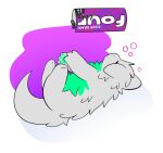 3_fingers alcohol anthro artist_name beverage beverage_can biped bubble dragon drunk drunk_bubble eyes_closed fingers four_loko fur green_body green_fur green_pawpads grey_body grey_fur handpaw hi_res lying male mythological_creature mythological_scalie mythology on_side pawpads paws scalie simple_background snuffles snuffles_(character) solo spilled_drink substance_intoxication tail text white_background