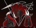 adelfrey anthro anus arachnid arthropod arthropod_webbing big_breasts big_butt bikini black_body bodily_fluids breasts butt butt_grab cloak clothing cum cum_in_vagina cum_inside cum_string female front_view genital_fluids genitals hand_on_butt hi_res hollow_knight_(franchise) horn hornet_(hollow_knight) humanoid_genitalia humanoid_vulva melee_weapon nipples nude raised_arms rear_view red_cloak red_clothing red_swimwear rfta simple_background solo spider swimwear sword team_cherry two-piece_swimsuit vulva weapon