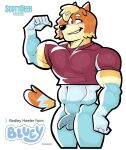 anthro australian_cattle_dog balls blue_body blue_fur bluey_(series) blush bottomless bottomless_anthro bottomless_male canid canine canis cattledog clothed clothing crop_top cropped domestic_dog flexing flexing_bicep foreskin fur genitals gloves_(marking) half-closed_eyes half-erect herding_dog hi_res humanoid_genitalia humanoid_penis male mammal markings mixed_breed multicolored_body multicolored_fur muscular muscular_male narrowed_eyes orange_body orange_fur pastoral_dog penis radley_heeler scottdeer shirt simple_background small_penis smile smirk solo standing tail topwear unretracted_foreskin white_background