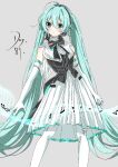  1girl ahoge aliasing bare_shoulders black_bow black_bowtie black_corset blush bow bowtie chinese_commentary closed_mouth commentary_request corset double-parted_bangs dress elbow_gloves feet_out_of_frame gloves green_eyes green_hair grey_background hair_between_eyes hato_tototo hatsune_miku long_hair miku_symphony_(vocaloid) pantyhose pleated_dress simple_background sleeveless sleeveless_dress solo standing symphony_miku symphony_miku_(2018-2019) twintails very_long_hair vocaloid white_dress white_gloves white_pantyhose 