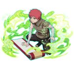  1boy bandaged_arm bandages belt black_boots boots brown_belt brown_eyes brown_jacket brown_pants flak_jacket jacket looking_at_viewer naruto_(series) naruto_shippuuden:_ultimate_ninja_blazing official_art open-toe_boots pants red_hair sasori_(naruto) scroll short_hair sleeveless sleeveless_jacket solo squatting sunagakure_shinobi_uniform 