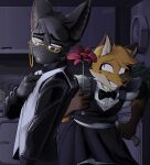 2026 5_fingers absurd_res anthro apartment appliance artist_name balthy_(suitedwolfie) bat big_ears big_eyes biped black_body black_bow_tie black_clothing black_eyebrows black_eyes black_fur black_nose black_suit black_topwear bow_tie brown_body brown_ear_tips brown_fur cabinet cain_(suitedwolfie) canid canine clock clothed clothing crossdressing cutlery detailed_background dipstick_ears duo ear_markings eyebrow_through_hair eyebrows eyewear fangs fanteliscio femboy fingers fox fur gesture glasses gloves_(marking) gold_glasses hair hand_gesture head_tuft hi_res holding_duster holding_knife holding_object humanoid_hands imminent_death insane inside kitchen kitchen_appliance kitchen_cabinet kitchen_counter kitchen_knife kitchen_sink kitchen_utensils knife maid_uniform male mammal markings mole_(marking) multicolored_body multicolored_ears orange_body orange_ears orange_fur pink_inner_ear pink_sclera plant plant_pot pointing pointing_at_self portrait potted_plant pupils raised_eyebrows red_fox shaded signature sink slit_pupils snout soap standing suit teeth teeth_showing text tools topwear translucent translucent_hair true_fox tuft two_tone_body uniform white_body white_clothing white_fur white_sclera white_suit white_topwear wingless_bat yandere