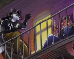 5_fingers anthro beverage black_hair black_nose bottomwear brown_hair canid canine cigarette clothed clothed_anthro clothed_male clothing duo fingers fox fur grey_body grey_fur hair hi_res humanoid_hands lustrum male mammal multicolored_body multicolored_fur pants red_body red_fur shirt t-shirt tail tan_body tan_fur topwear two_tone_body two_tone_fur white_body white_fur