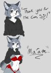 anthro blush bra breasts canid canine canis casual_exposure clothed clothing curvy_figure cute_fangs dialogue fangs female gender_confusion hi_res hoodie hourglass_figure inner_ear_fluff jako_art looking_at_viewer mammal natural_breasts navel panties presenting raised_clothing raised_hoodie raised_topwear solo tail teeth topwear tuft underwear wolf